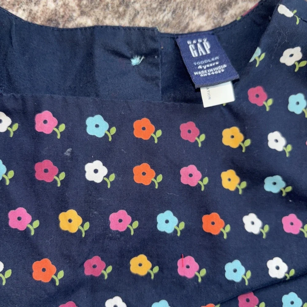 VTG Kids Gap Navy Blue MultiColor Floral Ribbon Dress Sleeveless Size 4 Headband